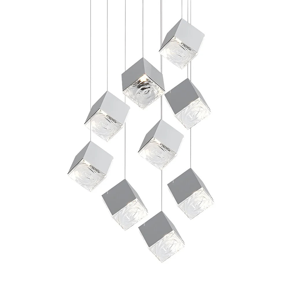 1/3/6/9-Light Multi Glass Ice Cube Metallic Staircase Chandelier-Fullstarlighting