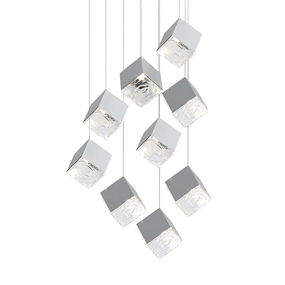 1/3/6/9-Light Multi Glass Ice Cube Metallic Staircase Chandelier-Fullstarlighting