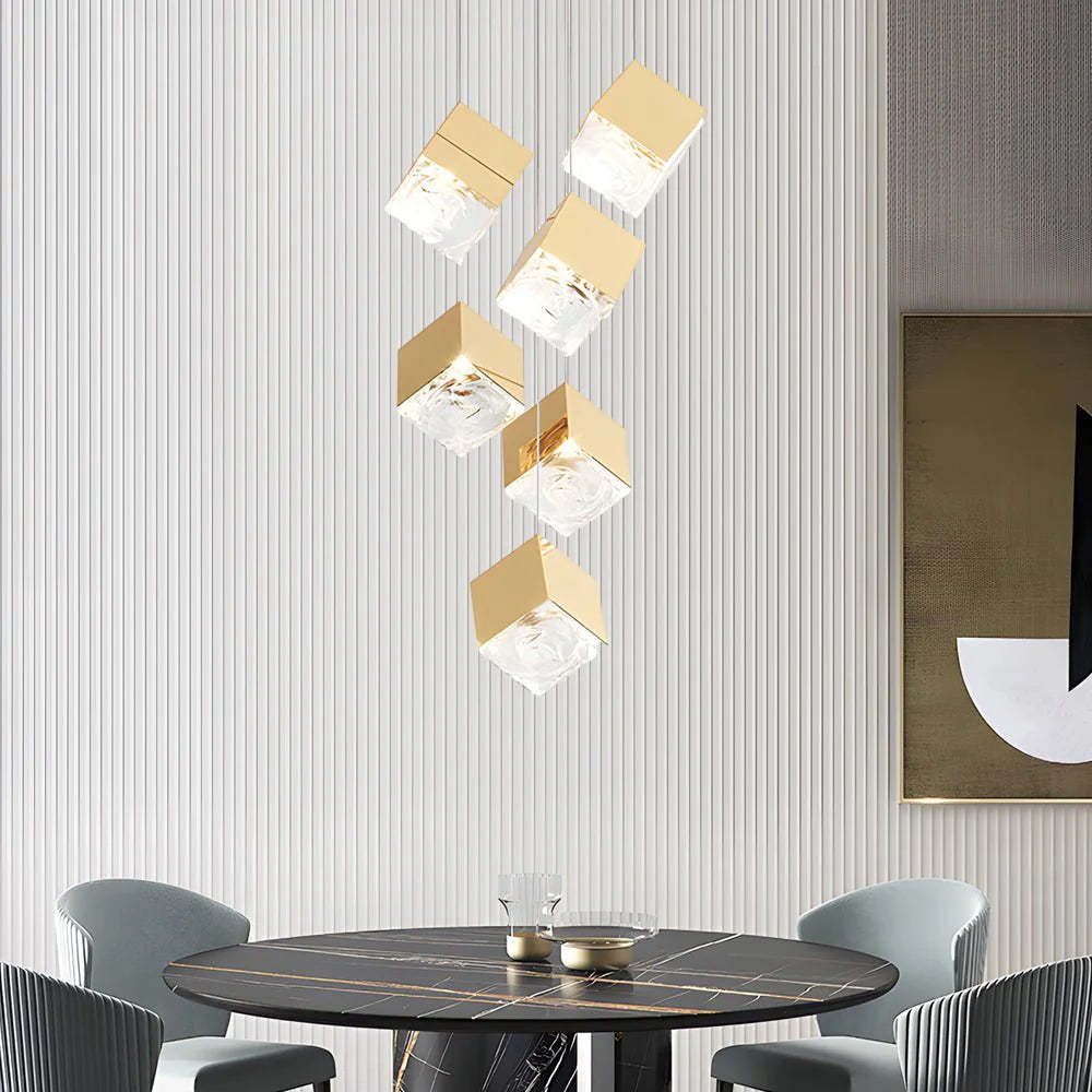 1/3/6/9-Light Multi Glass Ice Cube Metallic Staircase Chandelier-Fullstarlighting