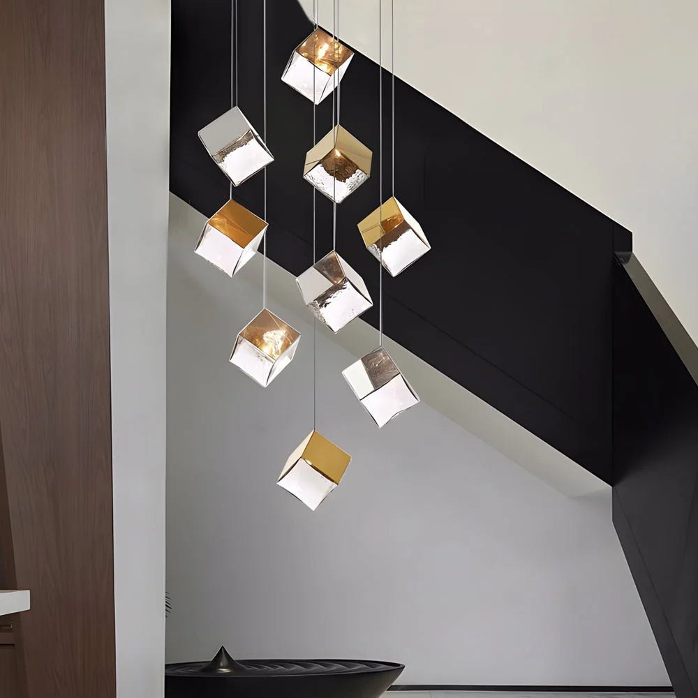 1/3/6/9-Light Multi Glass Ice Cube Metallic Staircase Chandelier-Fullstarlighting