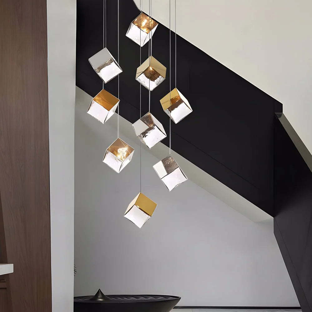 1/3/6/9-Light Multi Glass Ice Cube Metallic Staircase Chandelier-Fullstarlighting