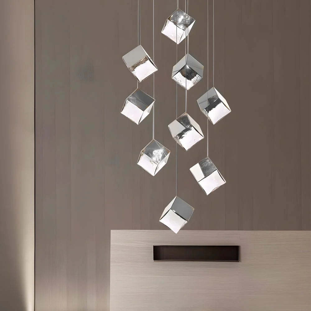 1/3/6/9-Light Multi Glass Ice Cube Metallic Staircase Chandelier-Fullstarlighting