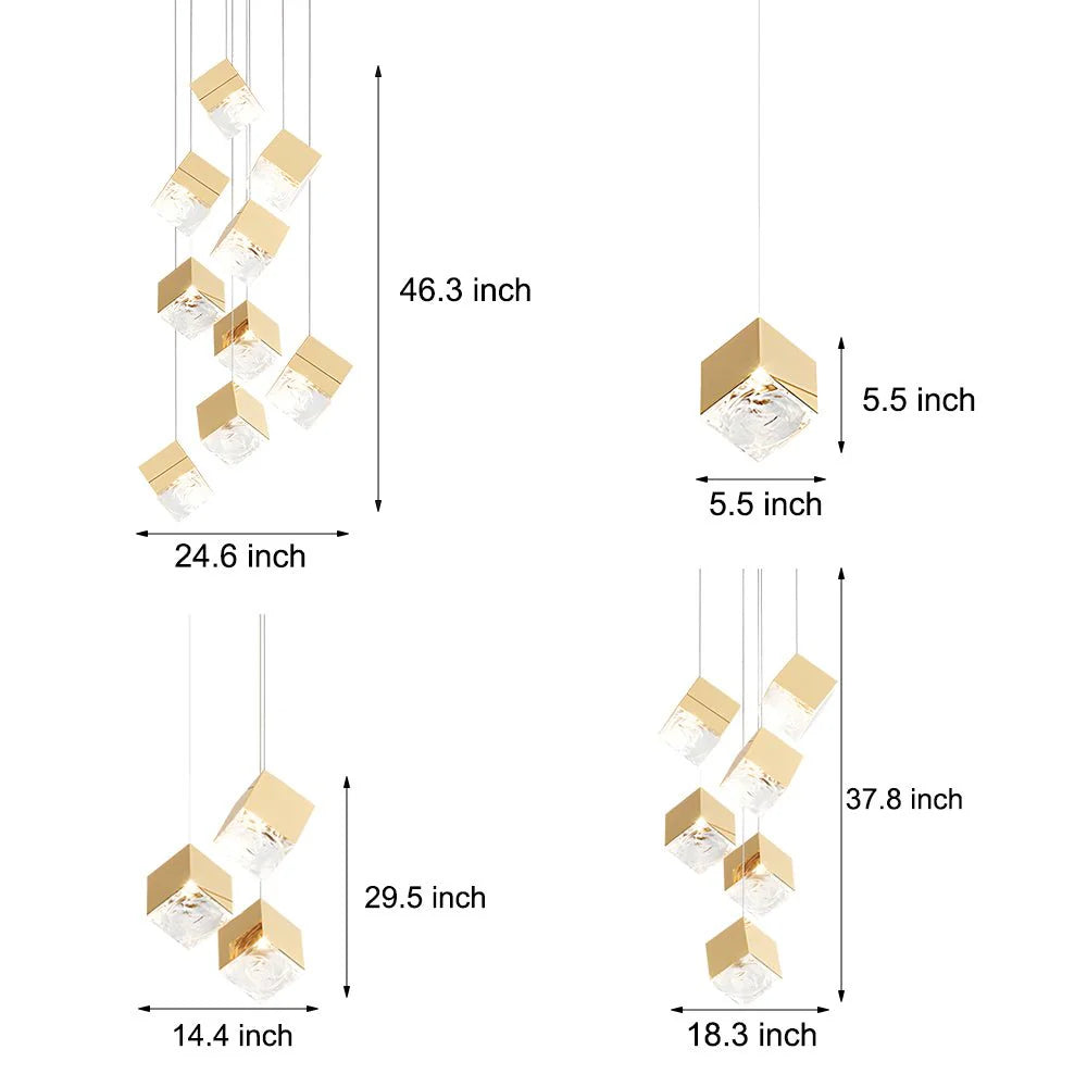 1/3/6/9-Light Multi Glass Ice Cube Metallic Staircase Chandelier-Fullstarlighting