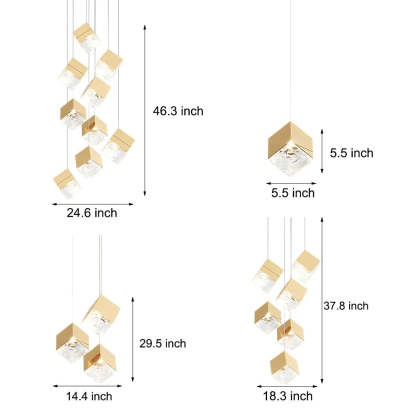 1/3/6/9-Light Multi Glass Ice Cube Metallic Staircase Chandelier-Fullstarlighting