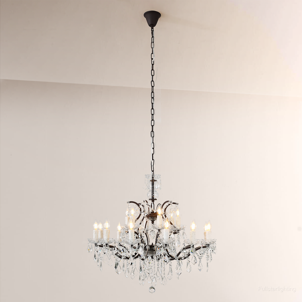 19TH C. Rococo Iron & Crystal Round Chandelier 33"