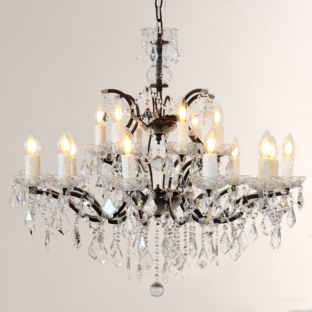 19TH C. Rococo Iron & Crystal Round Chandelier 33"
