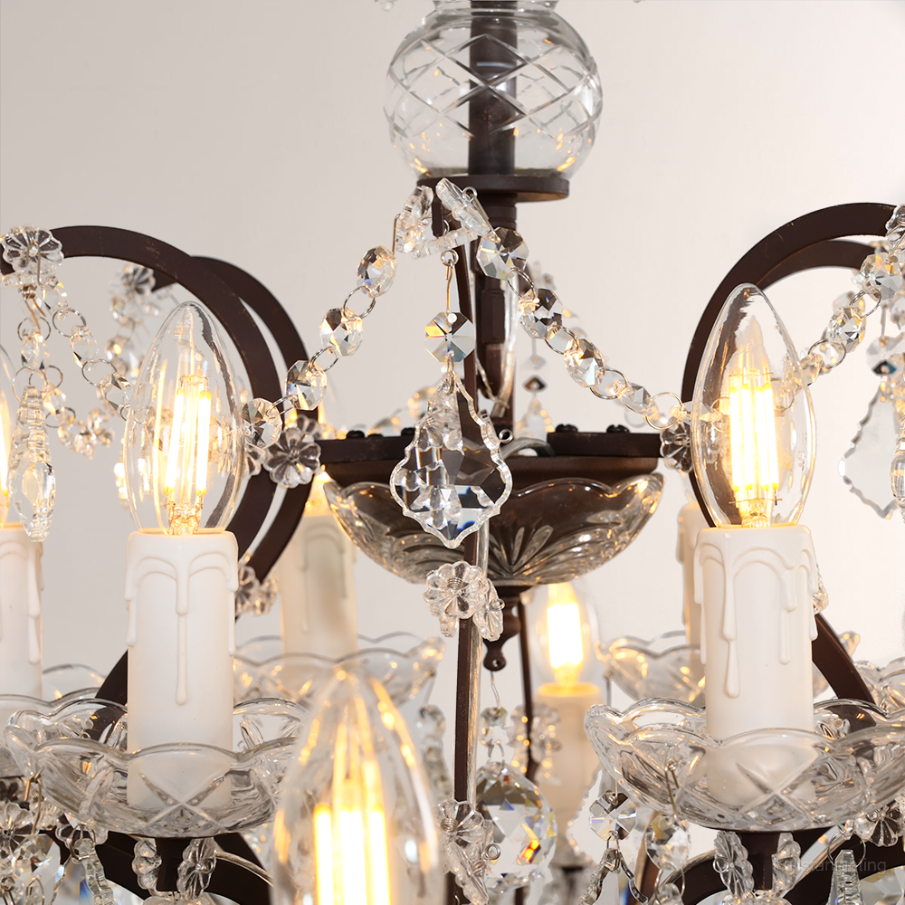 19TH C. Rococo Iron & Crystal Round Chandelier 33"