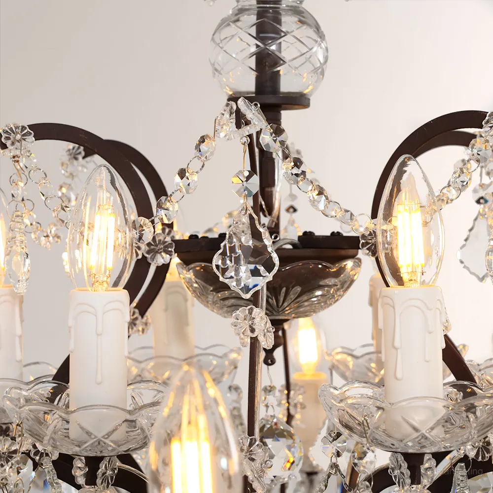 19TH C. Rococo Iron & Crystal Round Chandelier 33"