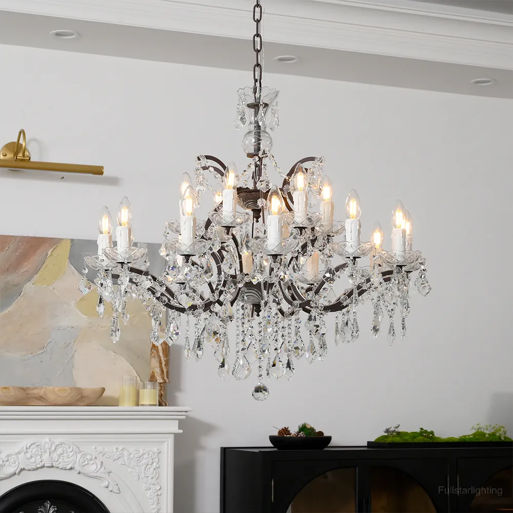 19TH C. Rococo Iron & Crystal Round Chandelier 33"