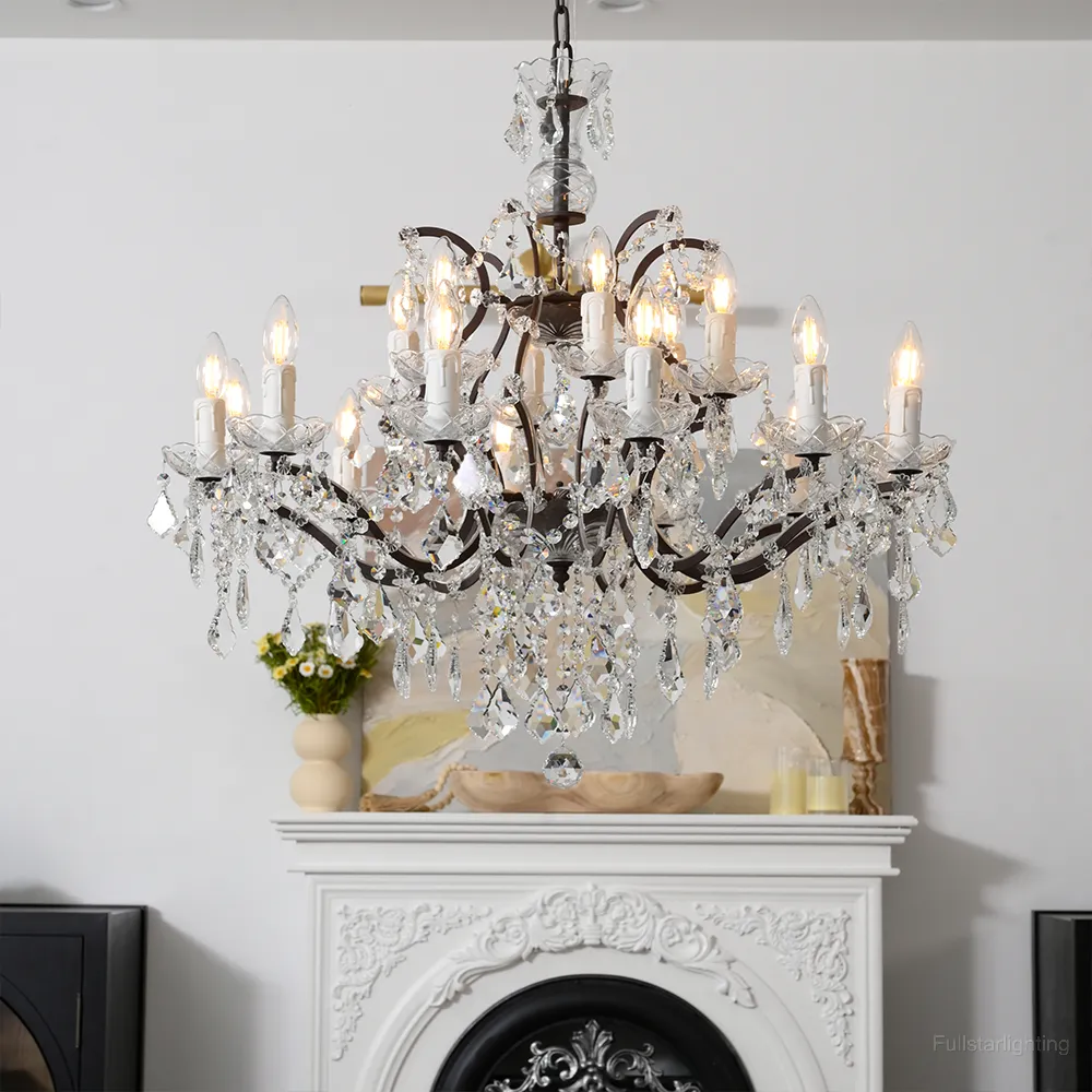 19TH C. Rococo Iron & Crystal Round Chandelier 33"