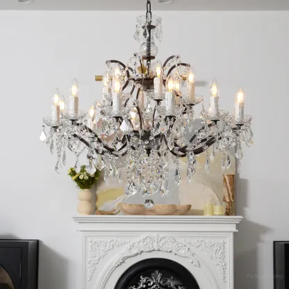 19TH C. Rococo Iron & Crystal Round Chandelier 33"