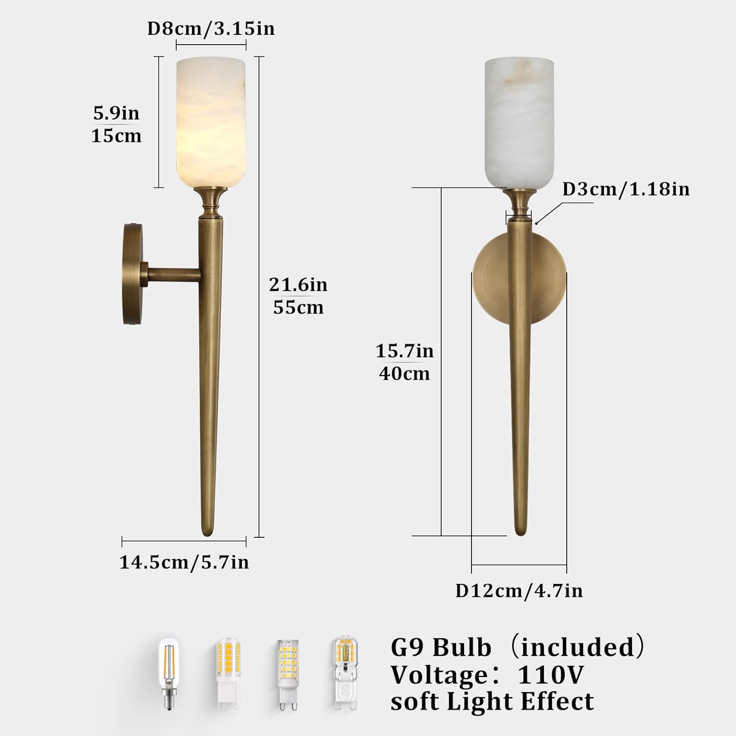 Alabaster 1head Brass/Black Strip Wall Sconce for All Scene 21.6"-Fullstarlighting
