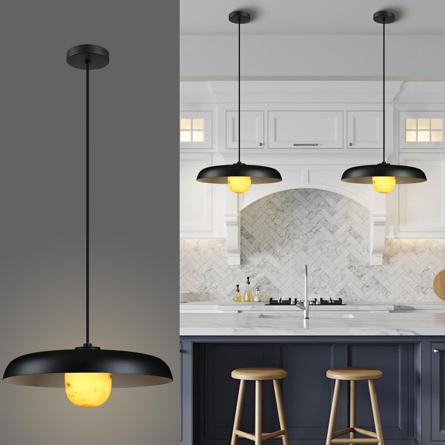 Alabaster Marble Black Lampshade Pendant Lights for All Rooms-Fullstarlighting