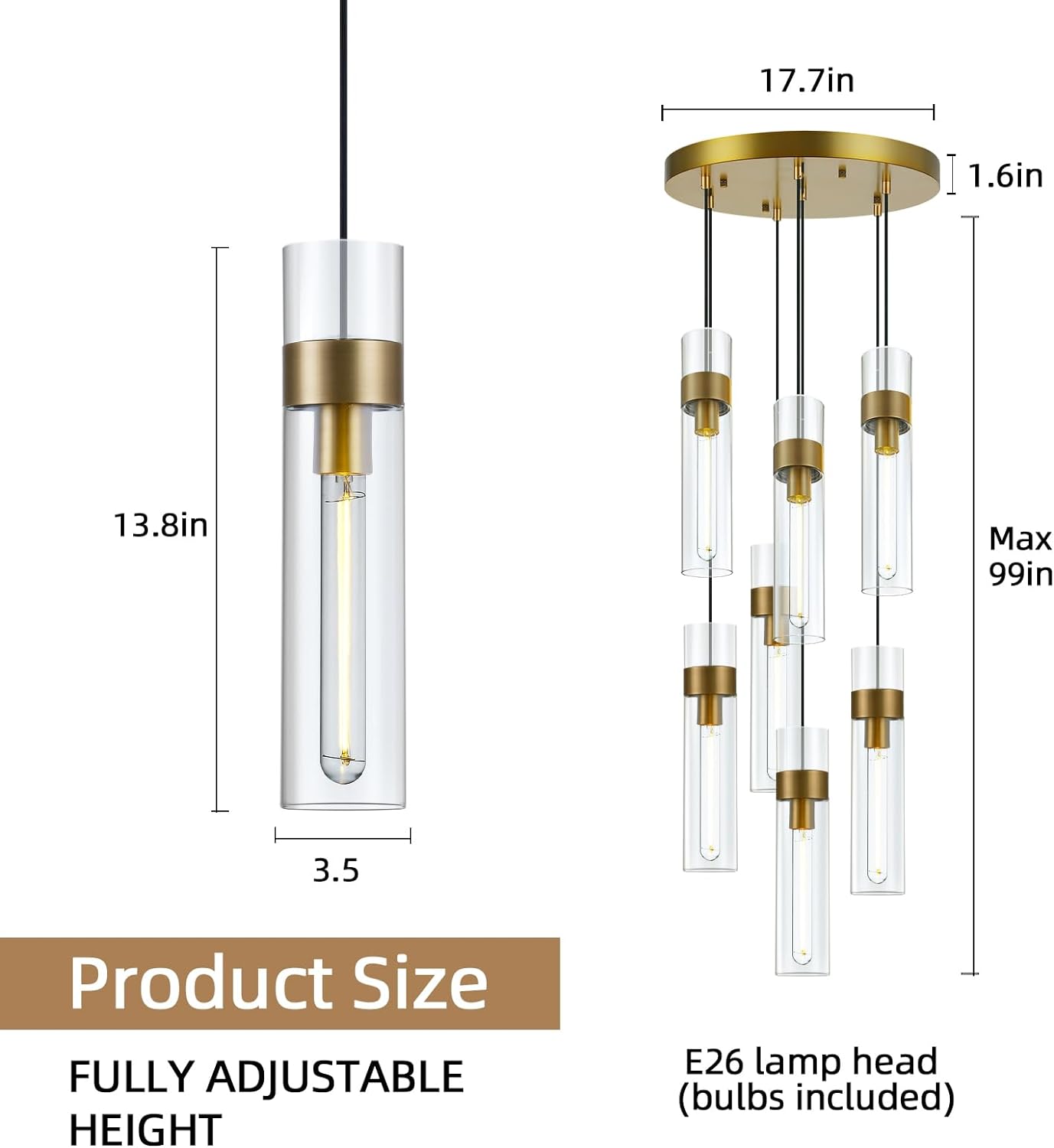 Glass Tube Brass Pendant Lights 1 Light/7 Lights-Fullstarlighting