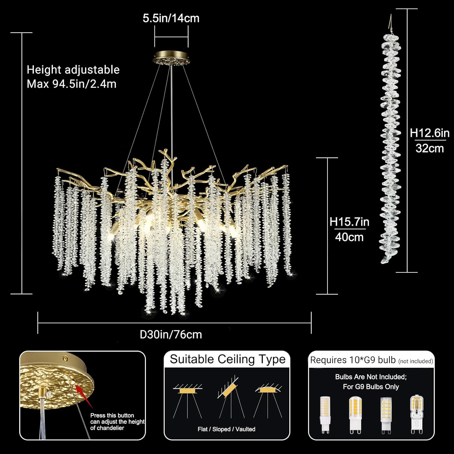 Snow Tree Branch Crystal Gold Chandeliers for All Rooms 30''-Fullstarlighting