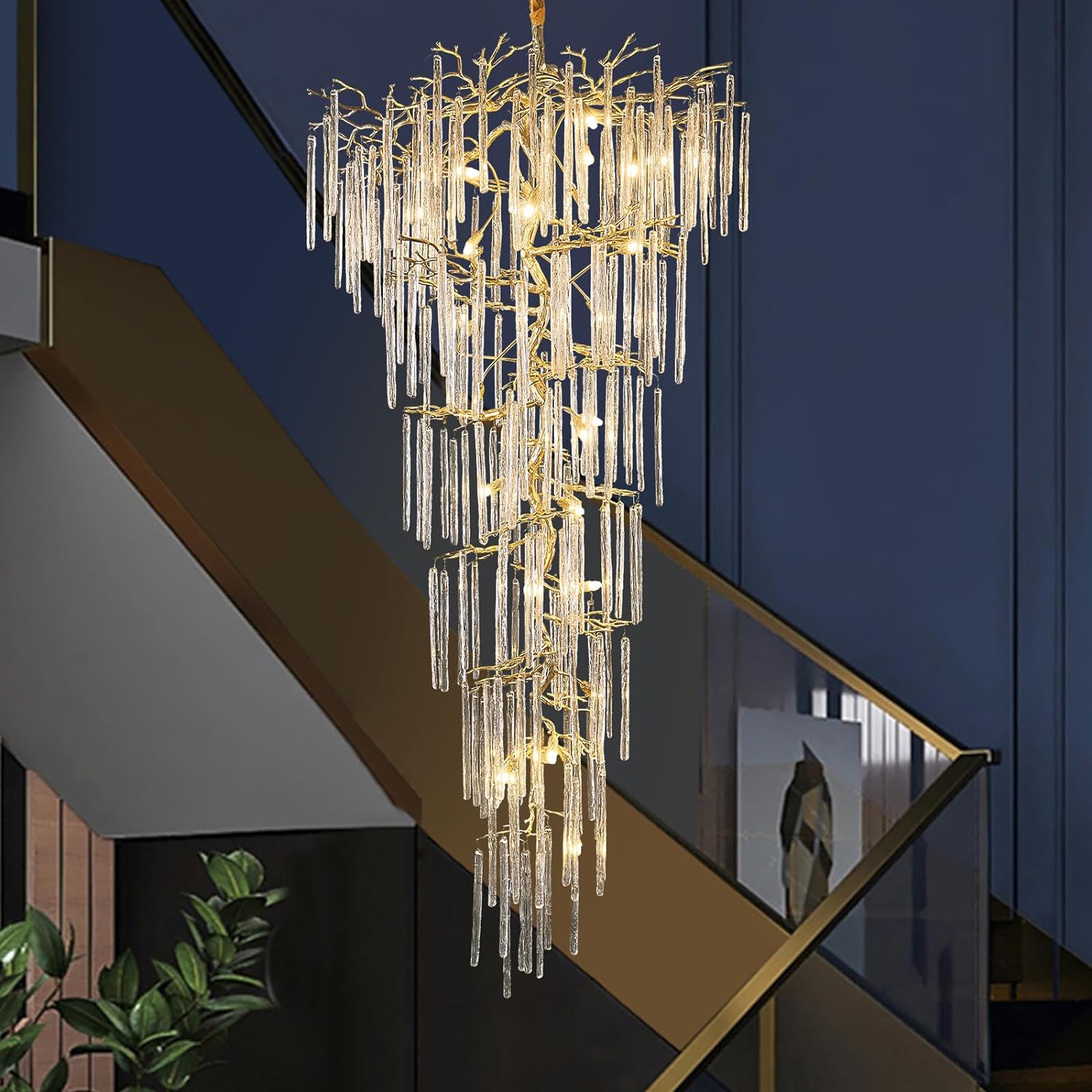 Ice Strip Modern Crystal Tree Branch Staircase Chandelier 95"-Fullstarlighting
