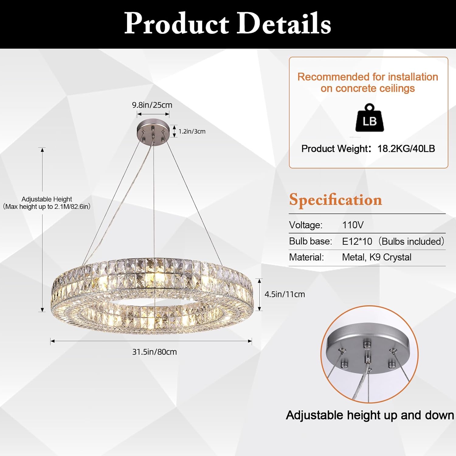 K9 Crystal Round/Rectangular Chandelier 32" 61"-Fullstarlighting