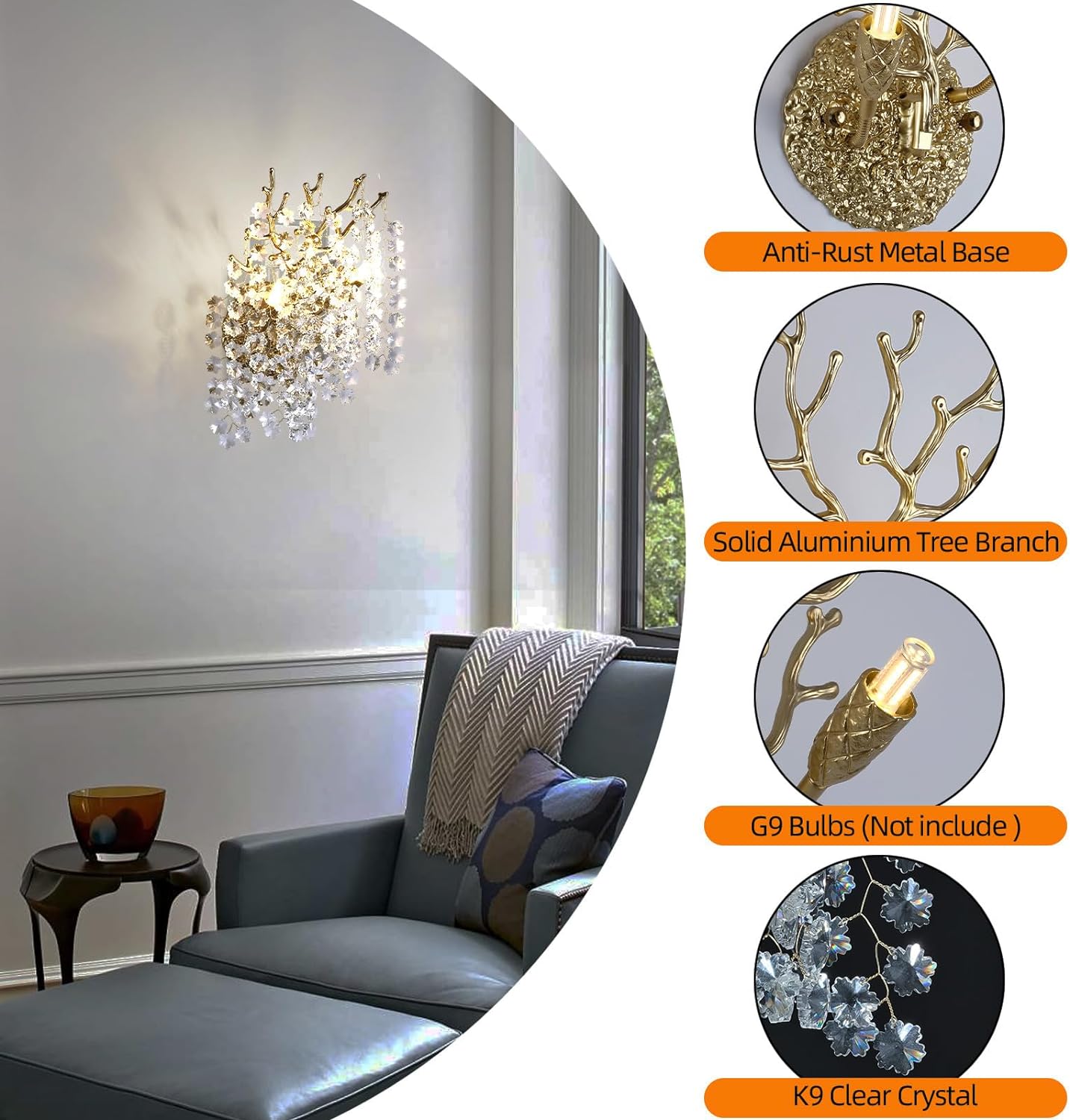 Snow Tree Branch Crystal Gold/Silver Wall Sconce-Fullstarlighting