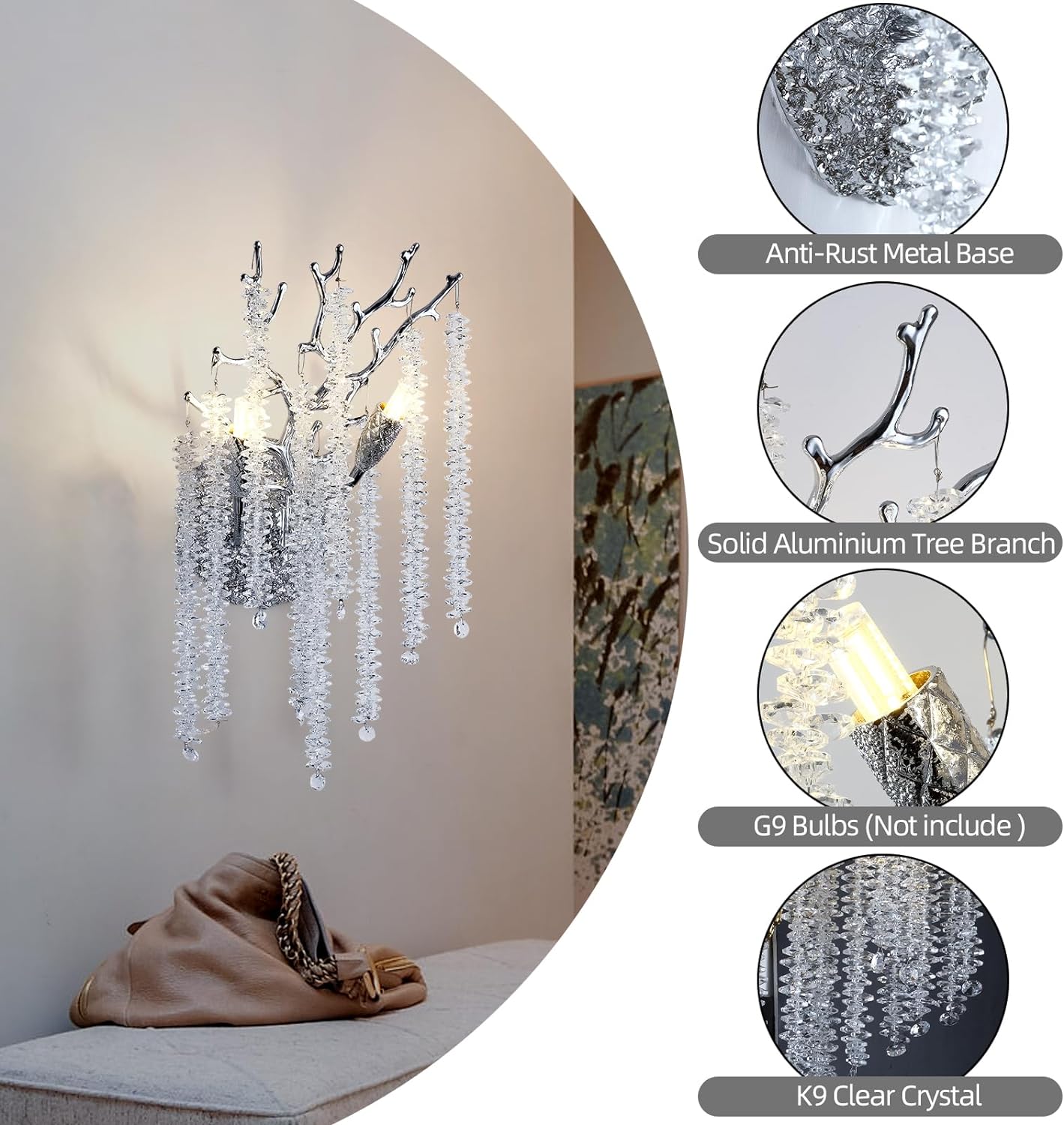 Snow Tree Crystal Silver Wall Sconce 10"H-Fullstarlighting