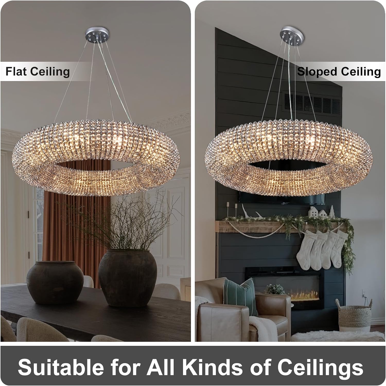 K9 Grey/Clear Crystal Beads Round Pendant Chandelier D31.5"-Fullstarlighting