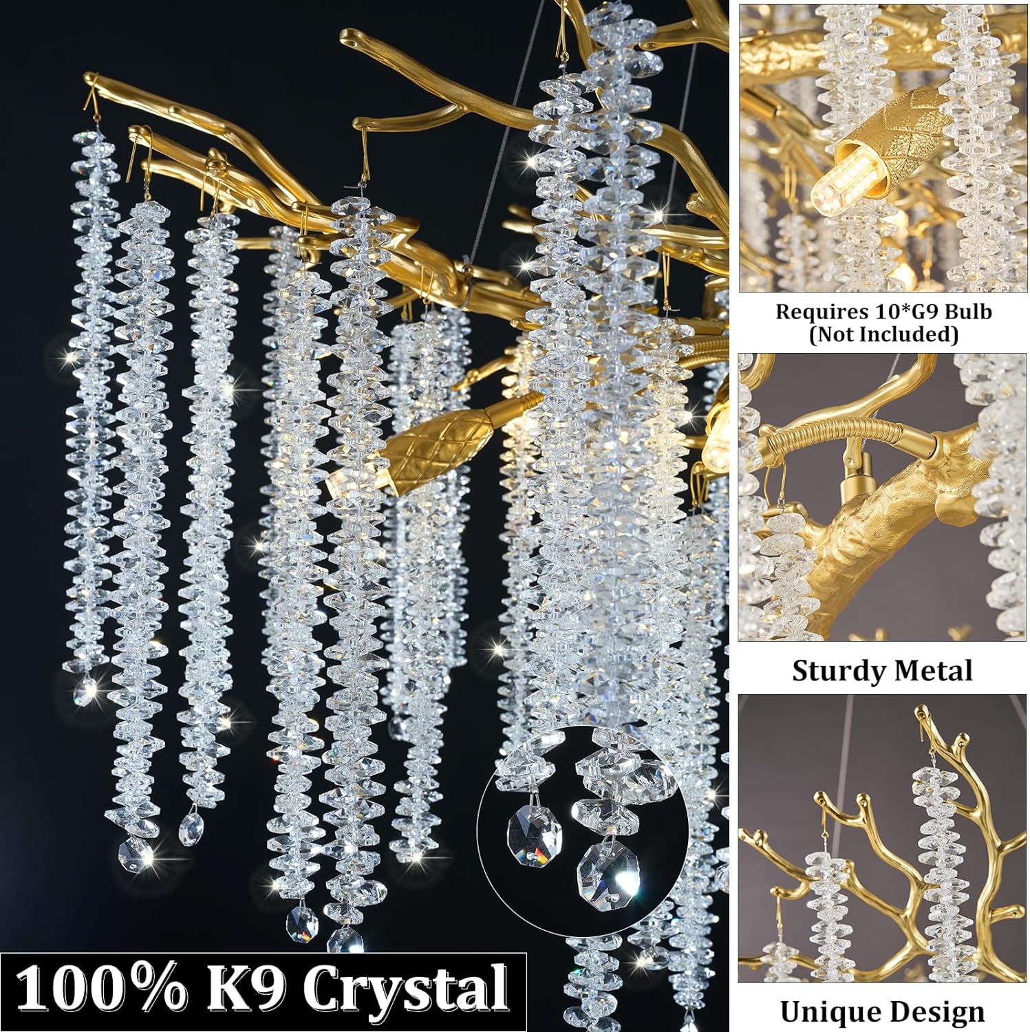 Snow Tree Branch Crystal Gold Chandeliers for All Rooms 30''-Fullstarlighting