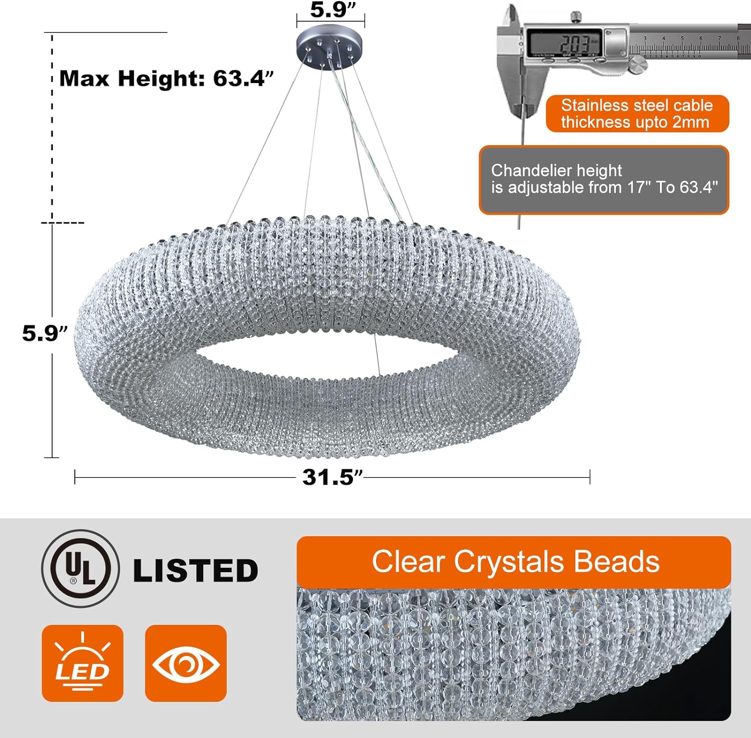 K9 Grey/Clear Crystal Beads Round Pendant Chandelier D31.5"-Fullstarlighting