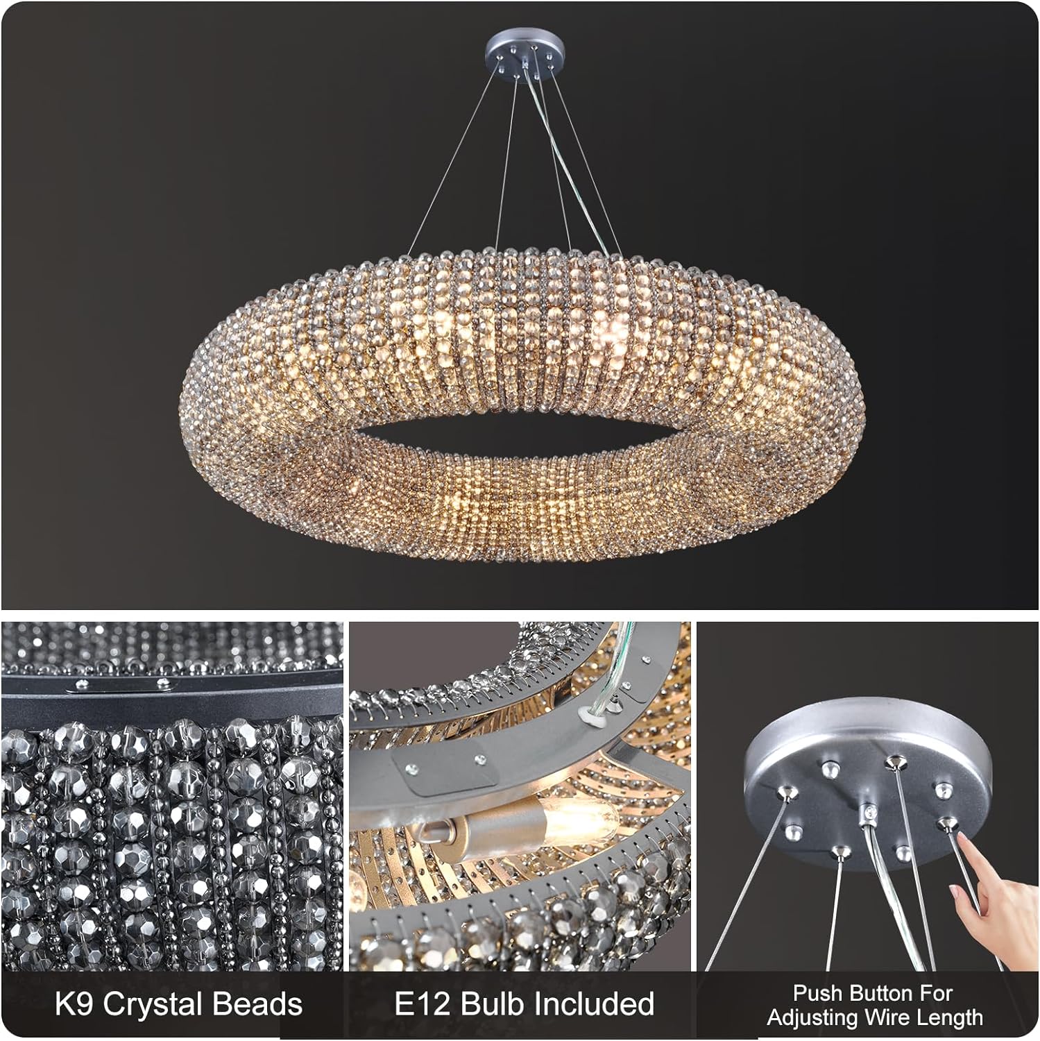 K9 Grey/Clear Crystal Beads Round Pendant Chandelier D31.5"-Fullstarlighting