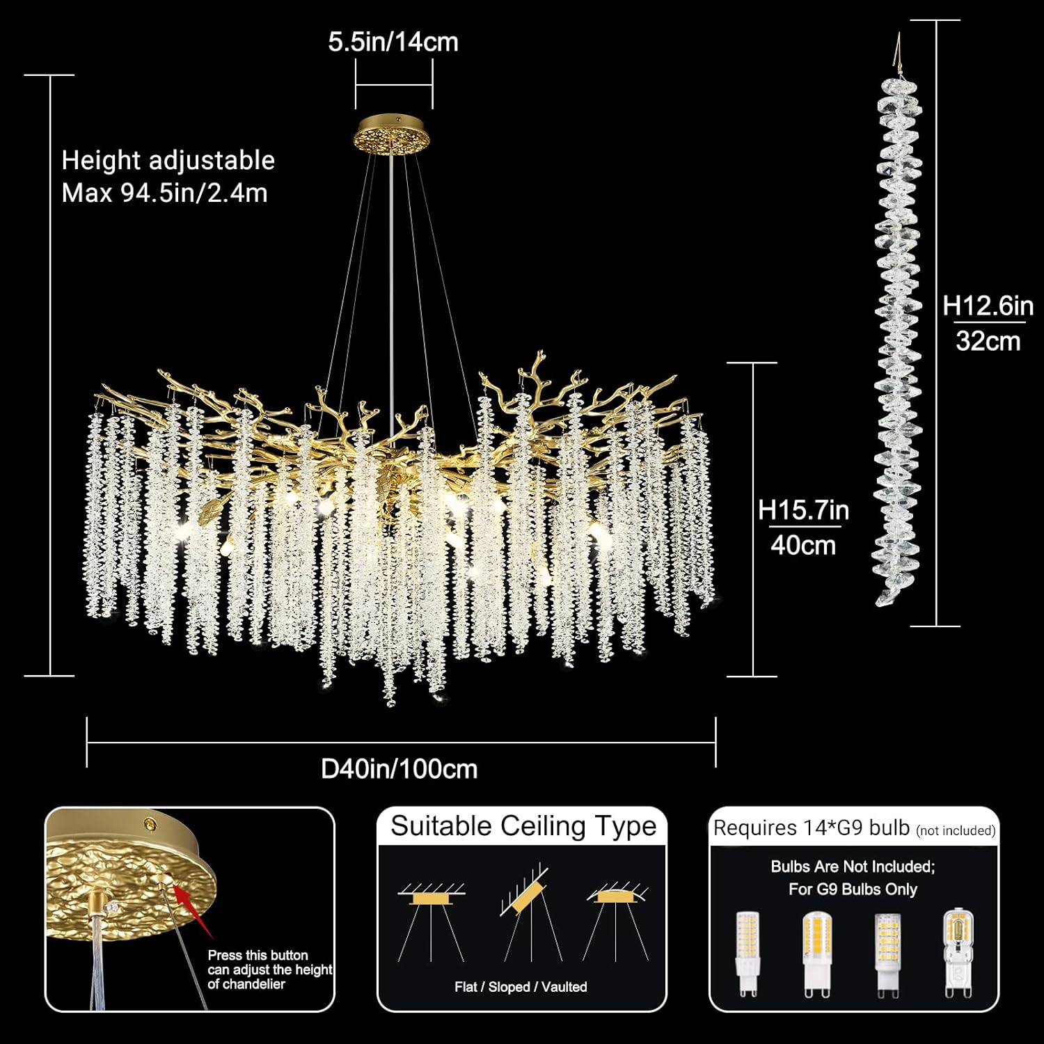 Snow Tree Branch Crystal Gold/Silver Chandelier for All Rooms 40''-Fullstarlighting