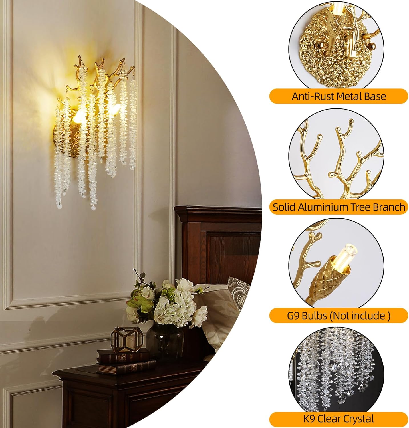 Snow Tree Crystal Gold Wall Sconce for All Rooms 10"H-Fullstarlighting