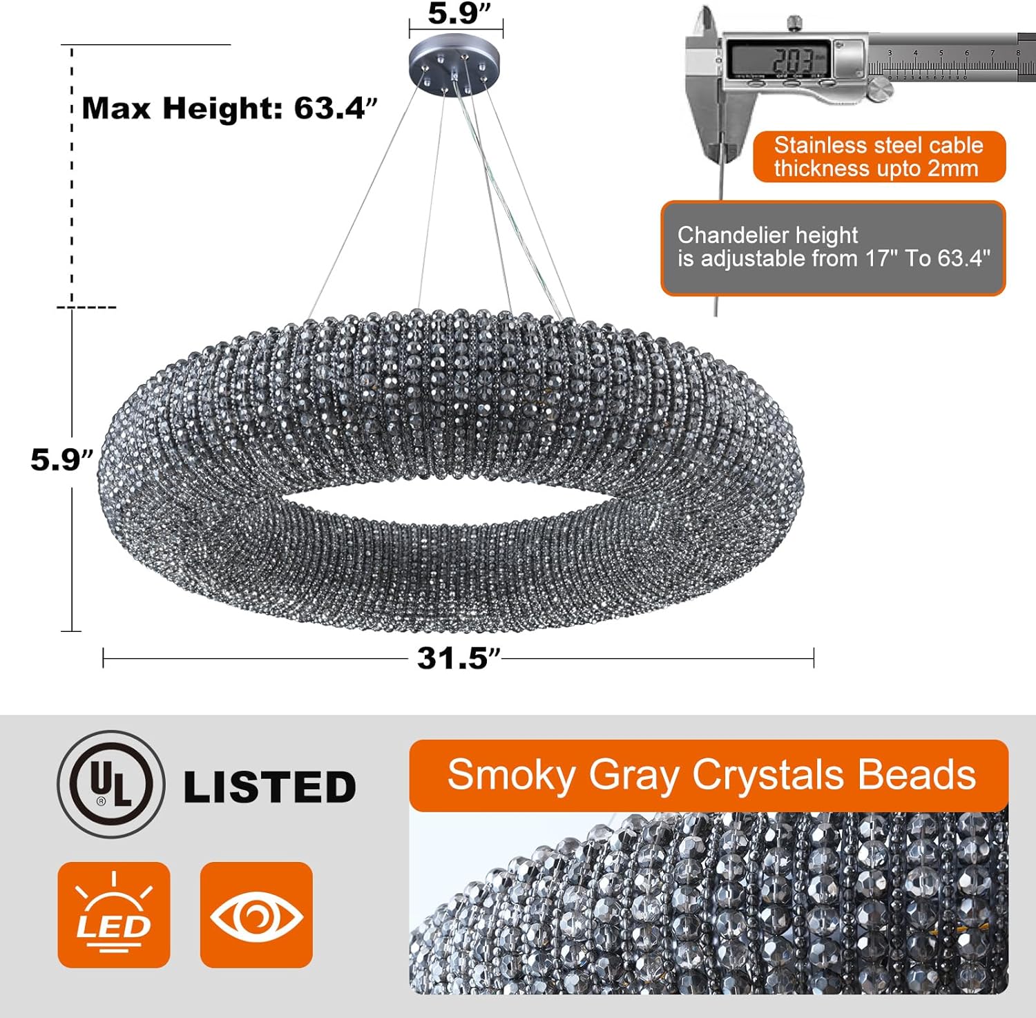 K9 Grey/Clear Crystal Beads Round Pendant Chandelier D31.5"-Fullstarlighting