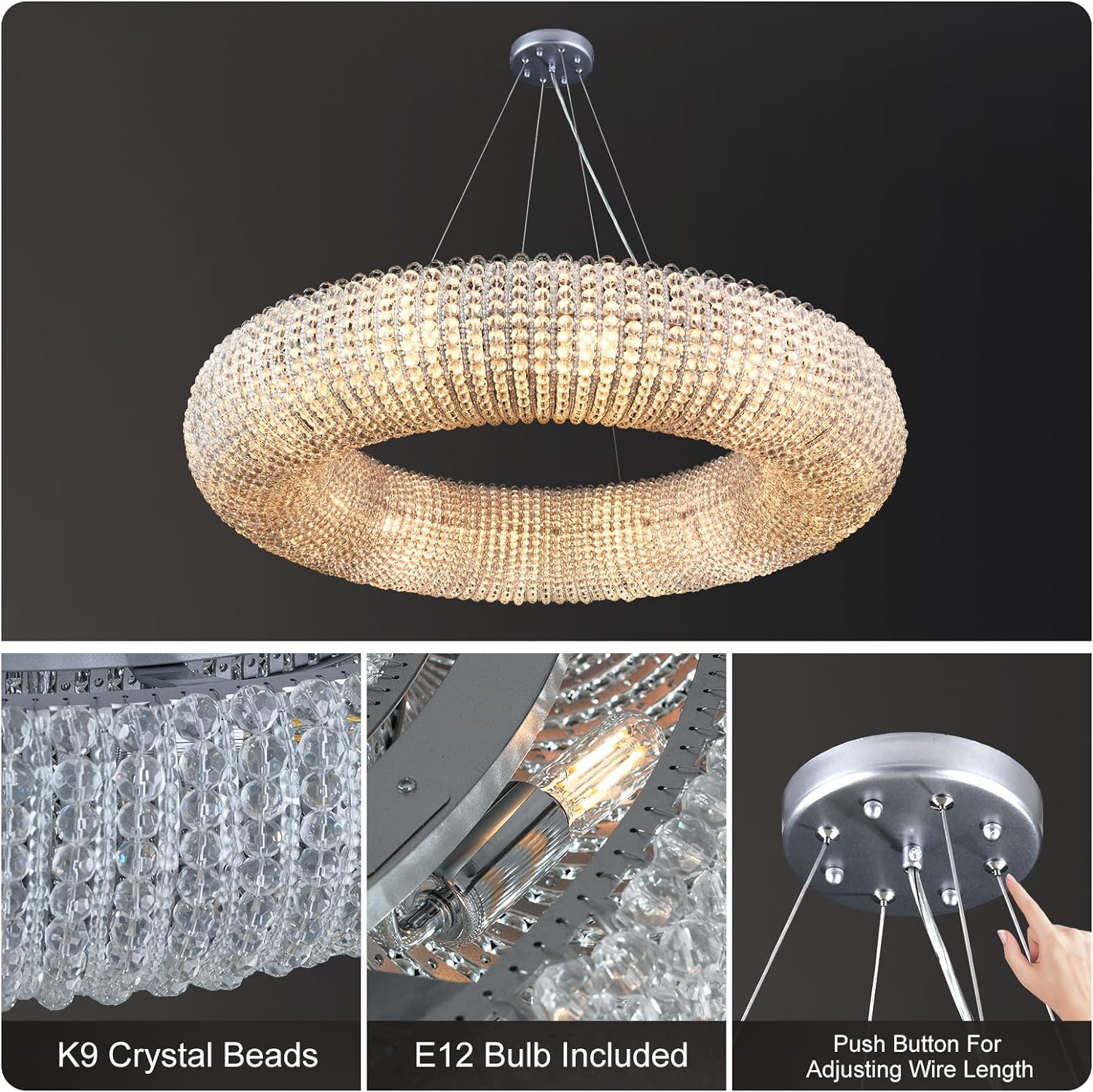 K9 Grey/Clear Crystal Beads Round Pendant Chandelier D31.5"-Fullstarlighting