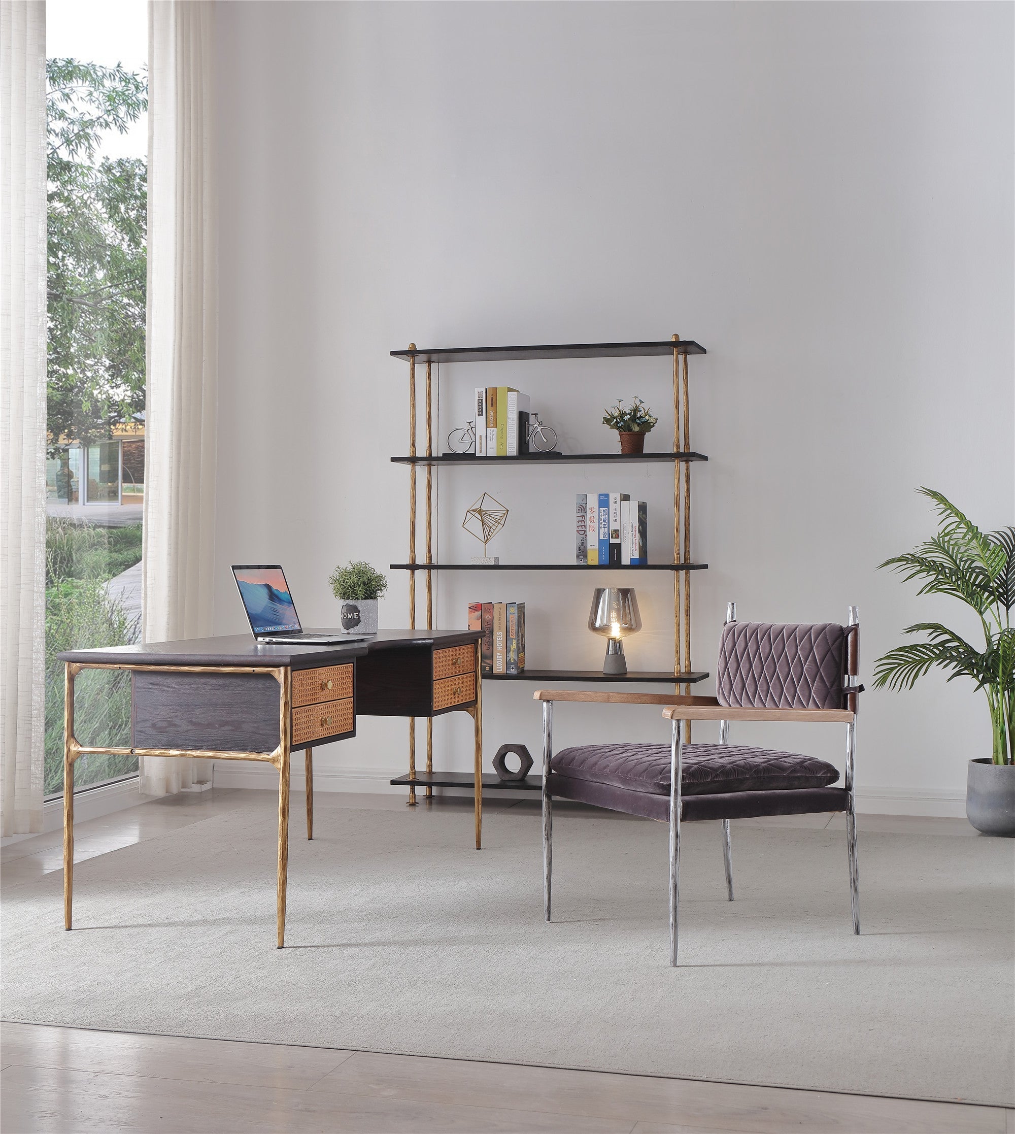 Thaddeus Retro Brass Iron Frame Rattan Desk-Fullstarlighting
