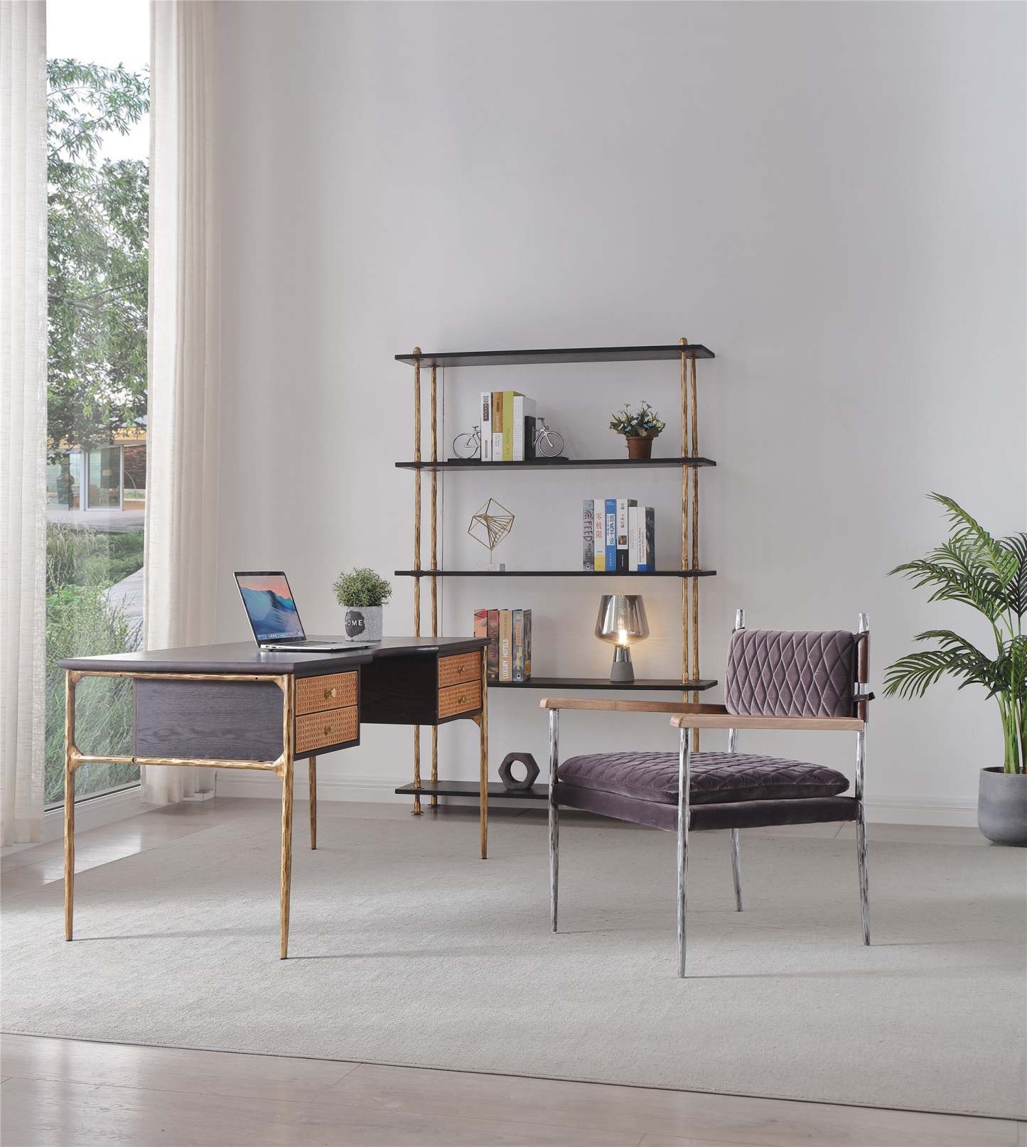 Thaddeus Retro Brass Iron Frame Rattan Desk-Fullstarlighting