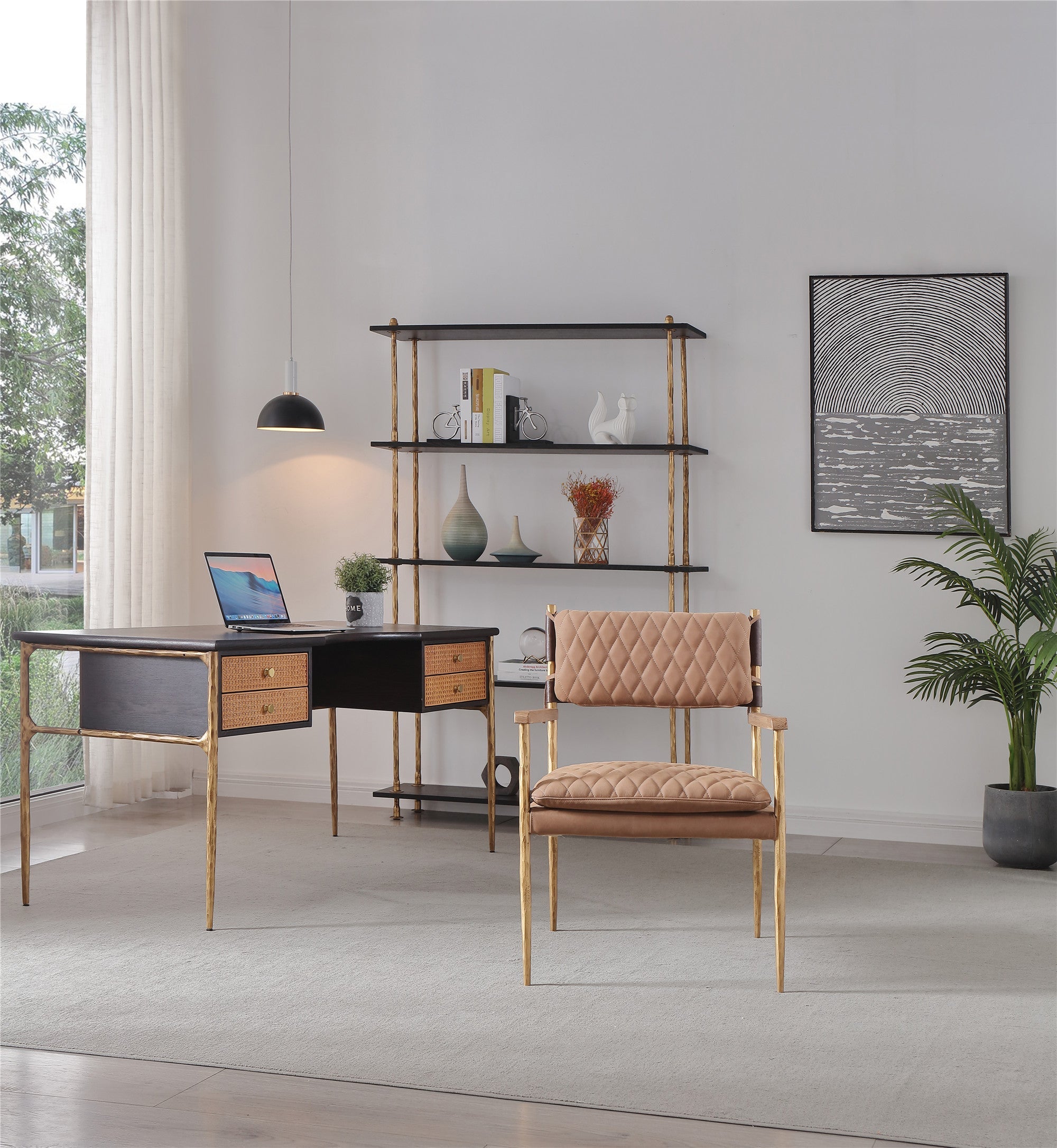Thaddeus Retro Brass Iron Frame Rattan Desk-Fullstarlighting