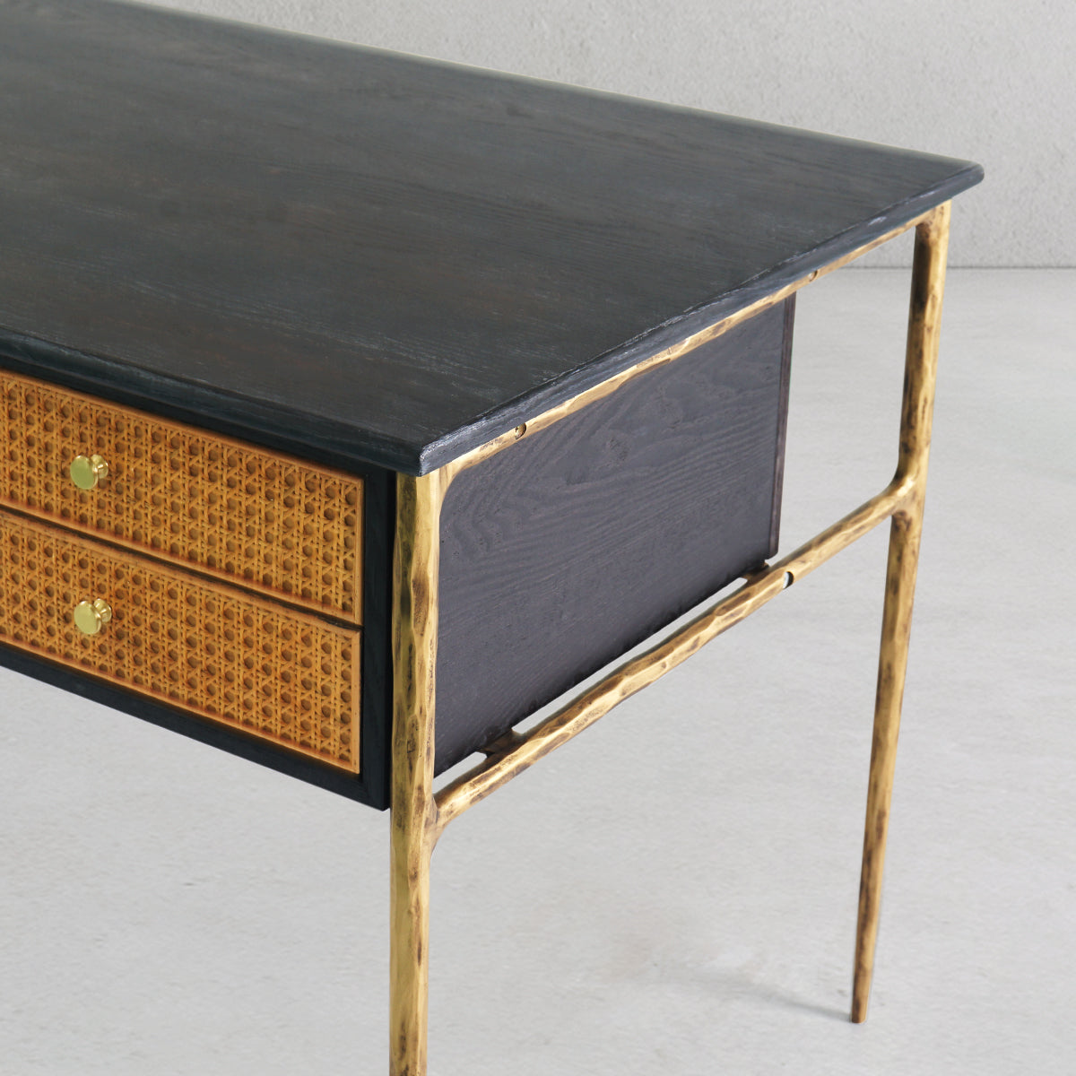 Thaddeus Retro Brass Iron Frame Rattan Desk-Fullstarlighting