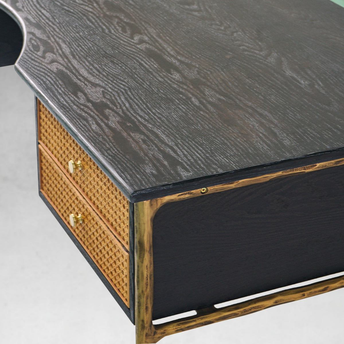 Thaddeus Retro Brass Iron Frame Rattan Desk-Fullstarlighting