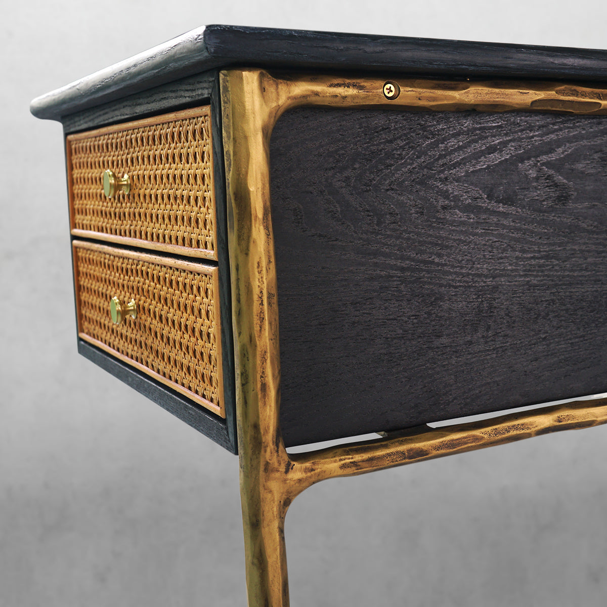 Thaddeus Retro Brass Iron Frame Rattan Desk-Fullstarlighting