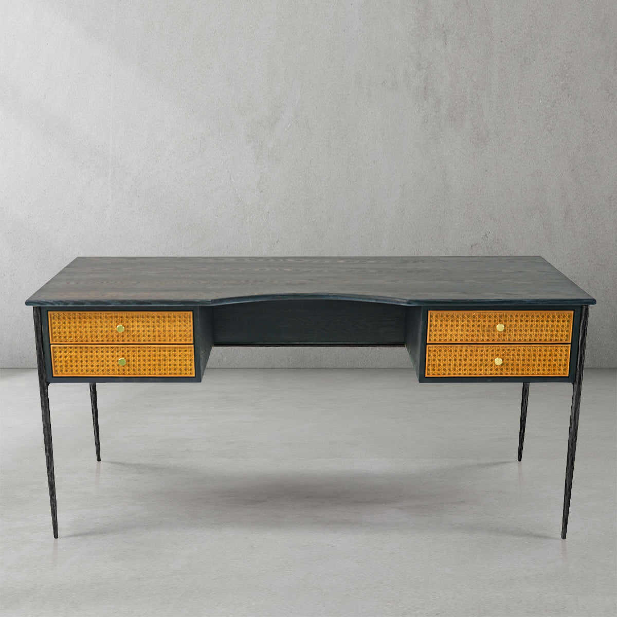 Thaddeus Retro Brass Iron Frame Rattan Desk-Fullstarlighting