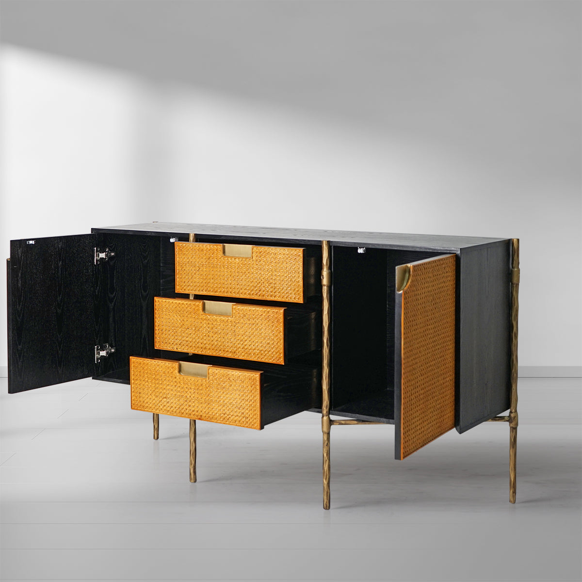 Thaddeus Metal Frame Rattan Side Cabinet-Fullstarlighting