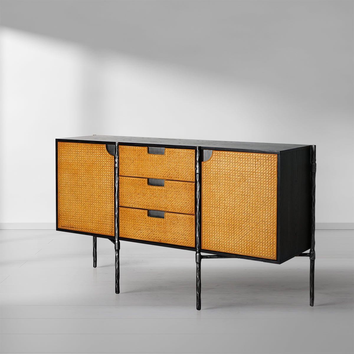 Thaddeus Metal Frame Rattan Side Cabinet-Fullstarlighting
