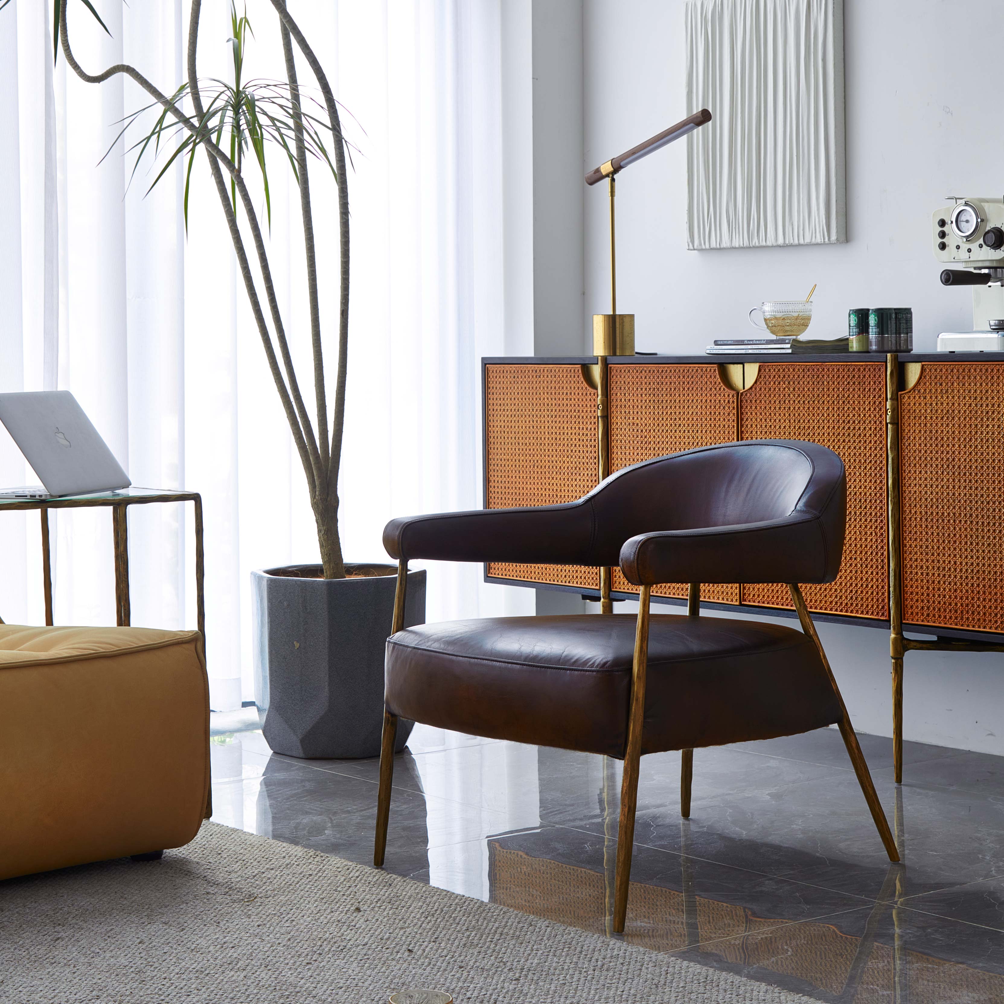 Thaddeus Brown Leather Lounge Armchair-Fullstarlighting