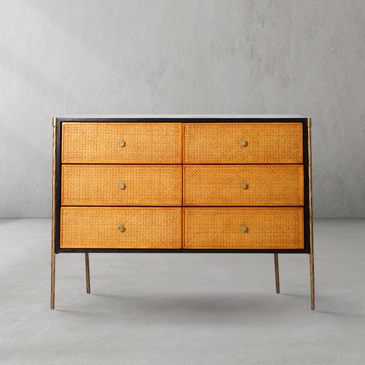 Thaddeus Metal Frame Rattan 6-Drawer Side Cabinet-Fullstarlighting