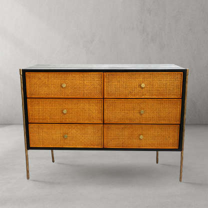 Thaddeus Metal Frame Rattan 6-Drawer Side Cabinet-Fullstarlighting
