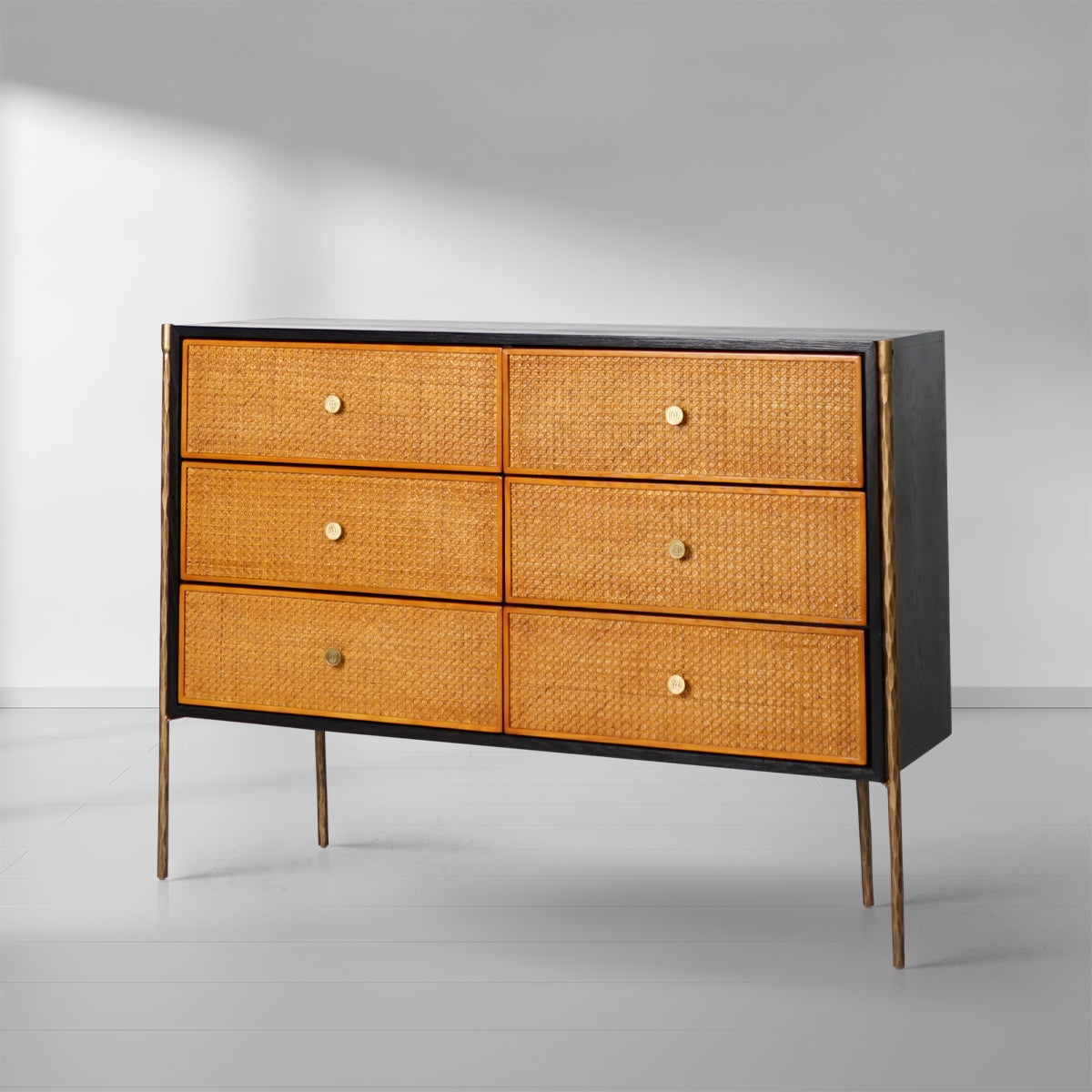 Thaddeus Metal Frame Rattan 6-Drawer Side Cabinet-Fullstarlighting