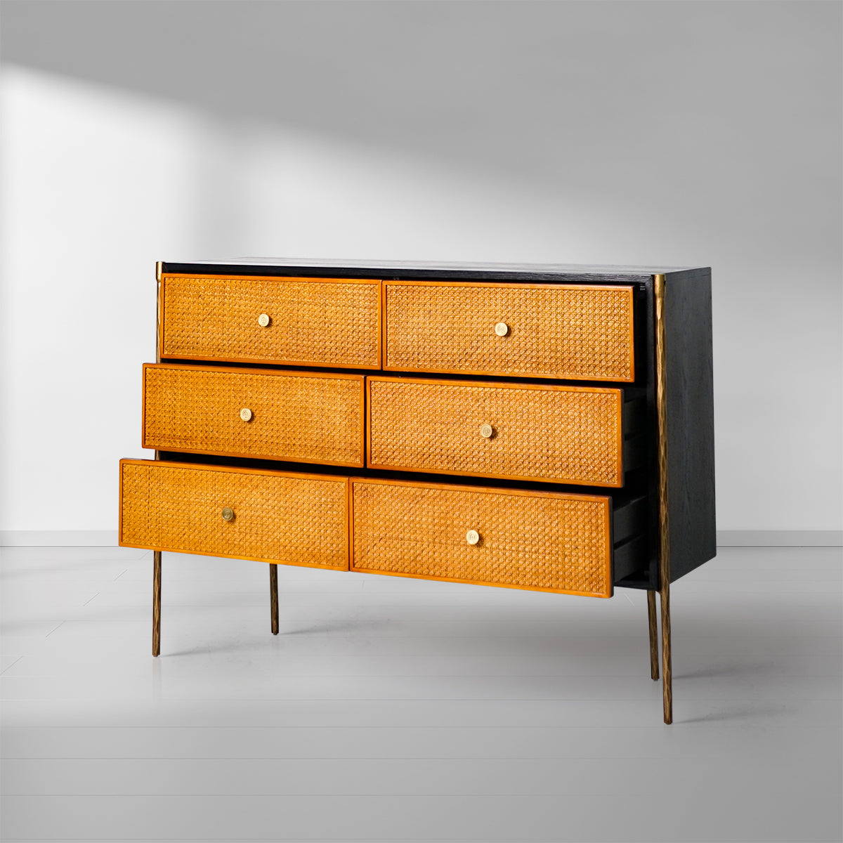 Thaddeus Metal Frame Rattan 6-Drawer Side Cabinet-Fullstarlighting