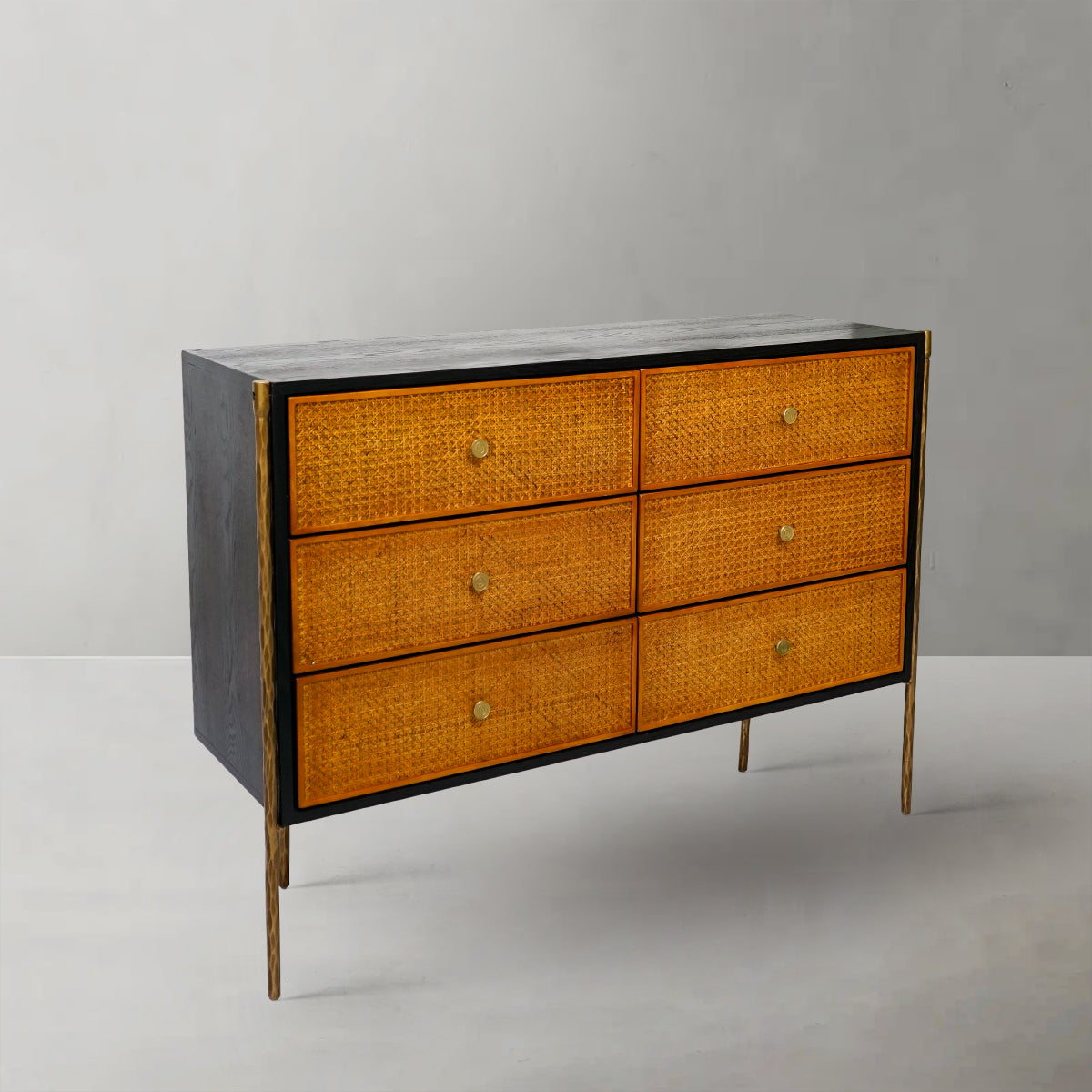 Thaddeus Metal Frame Rattan 6-Drawer Side Cabinet-Fullstarlighting