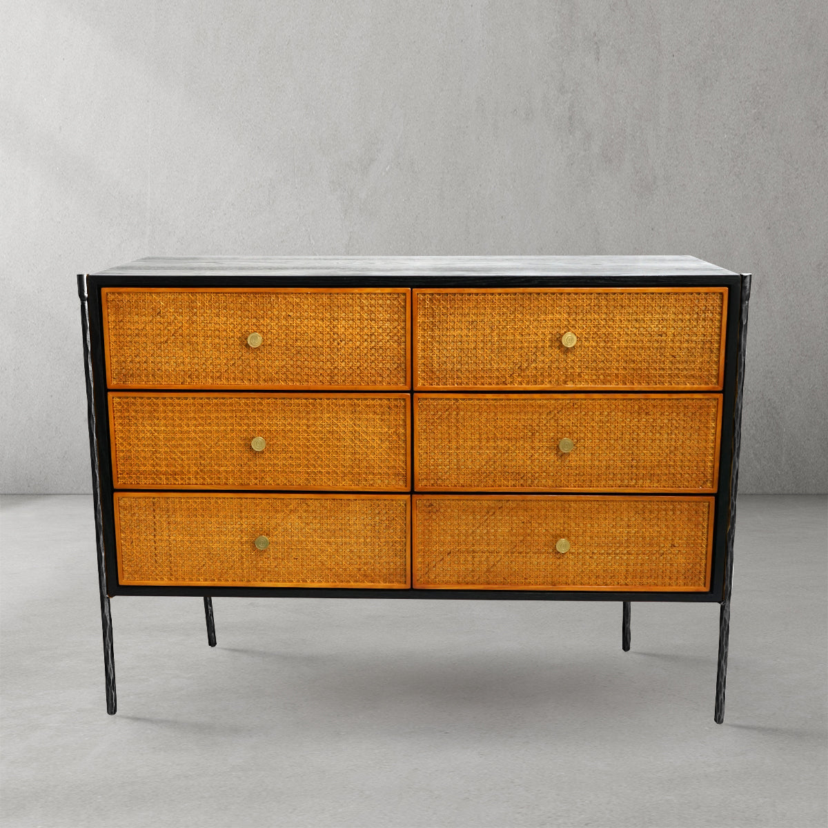 Thaddeus Metal Frame Rattan 6-Drawer Side Cabinet-Fullstarlighting