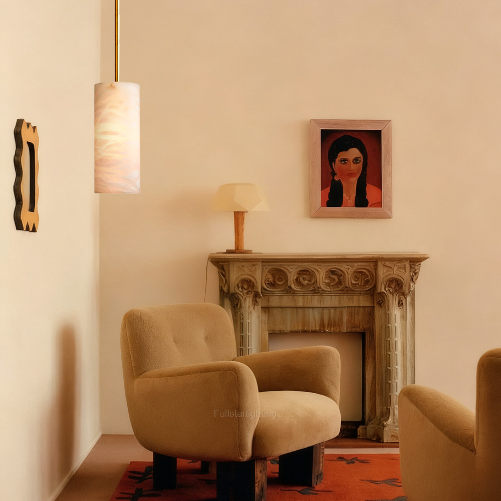Hand-Carved Alabaster Cylinder Pendant-Fullstarlighting