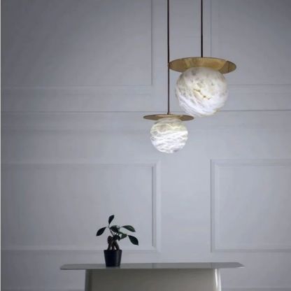 Alabaster Sphere Pendant Light Above Bed-Fullstarlighting