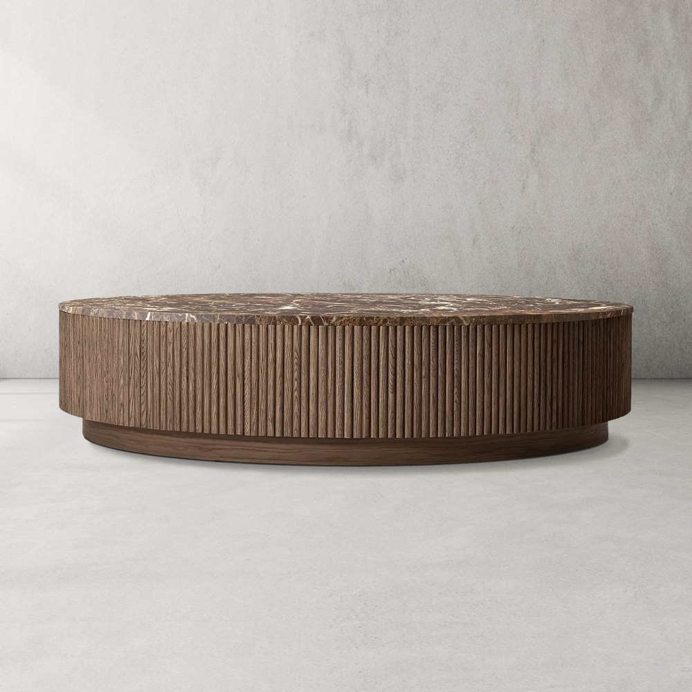 Mulholland Oak Wood & Stone Round Coffee Table-Fullstarlighting